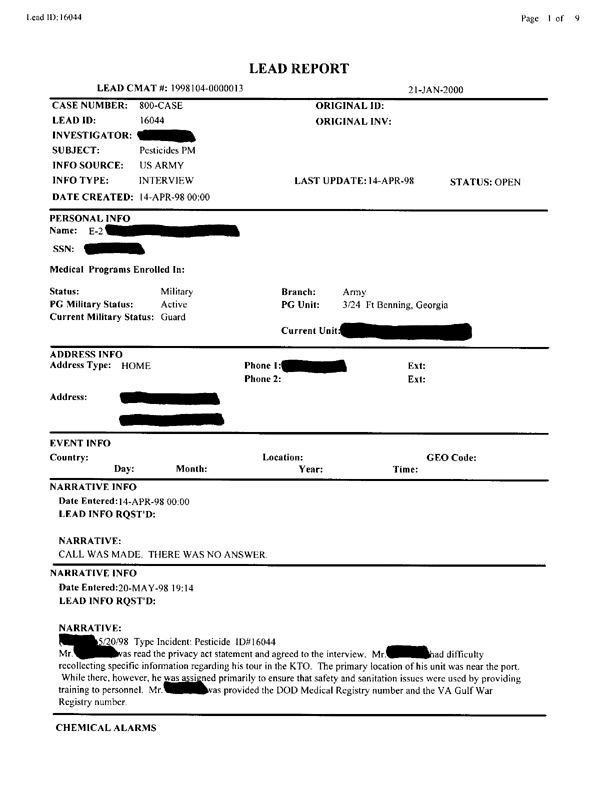 Lead Sheet #16044, Interview with 724th Combat Support Battalion, 24th  Infantry Division preventive medicine specialist, April 14, 1998