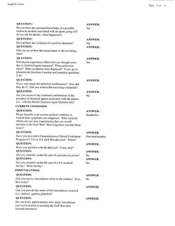 Lead Sheet #16044, Interview with 24 ID 724th CS Battalion preventive medicine specialist, April 14, 1998.