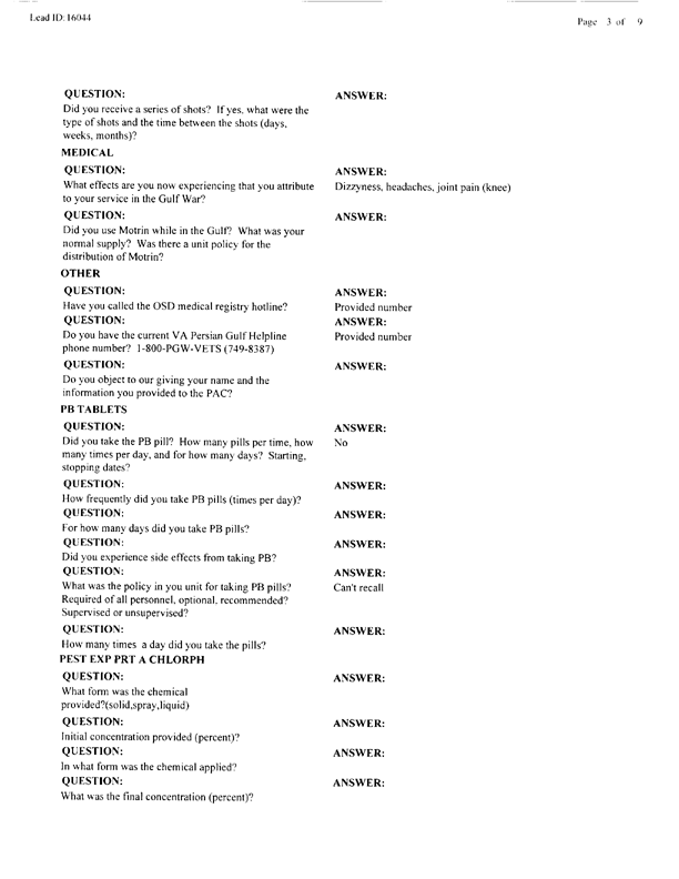 Lead Sheet #16044, Interview with 724th Combat Support Battalion, 24th  Infantry Division preventive medicine specialist, April 14, 1998