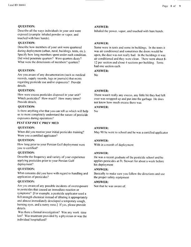 Lead Sheet #16044, Interview with 724th Combat Support Battalion, 24th  Infantry Division preventive medicine specialist, April 14, 1998