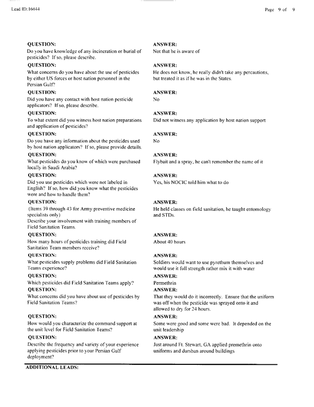 Lead Sheet #16044, Interview with 724th Combat Support Battalion, 24th  Infantry Division preventive medicine specialist, April 14, 1998