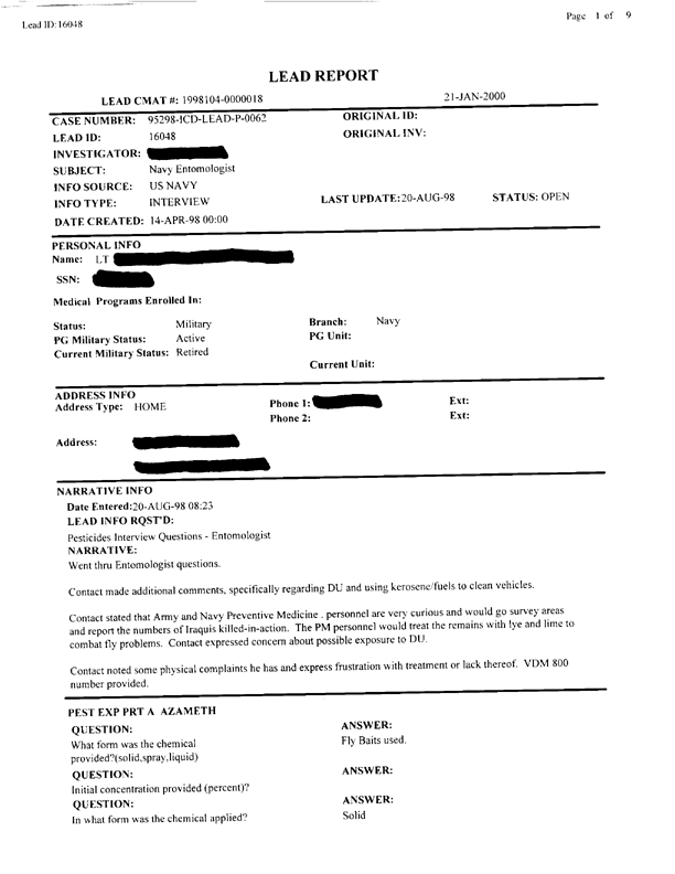 Lead Sheet #16048, Interview with 2nd Medical Battalion Navy entomologist, April 14, 1998.