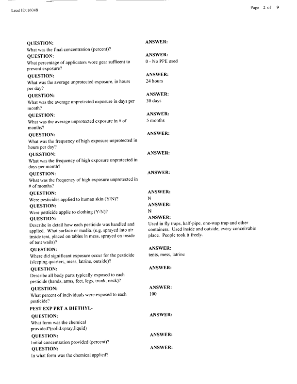 Lead Sheet #16048, Interview with 2nd Medical Battalion Navy entomologist, April 14, 1998.