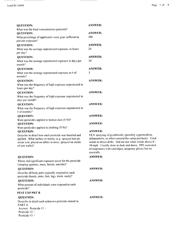 Lead Sheet #16048, Interview with 2nd Medical Battalion Navy entomologist, April 14, 1998.