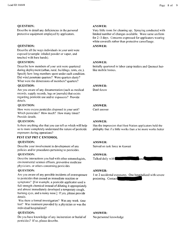 Lead Sheet #16048, Interview with 2nd Medical Battalion Navy entomologist, April 14, 1998.