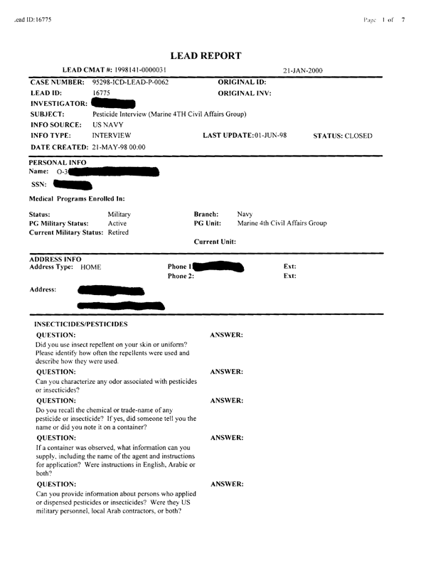Lead Sheet #16775, Interview with Marine 4th Civil Affairs Group environmental health officer, May 21, 1998; 