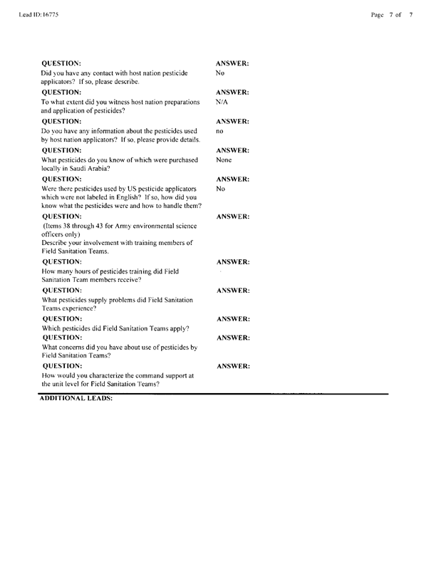 Lead Sheet #16775, Interview with Marine 4th Civil Affairs Group environmental health officer, May 21, 1998; 
