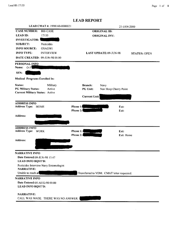 Lead Sheet #17155, Interview with 2nd Medical Battalion environmental health officer, January 6, 1998.