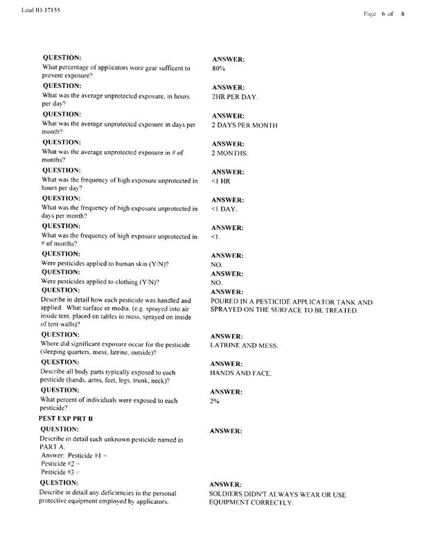 Lead Sheet #17155, Interview with 2nd Medical Battalion environmental health officer, January 6, 1998.