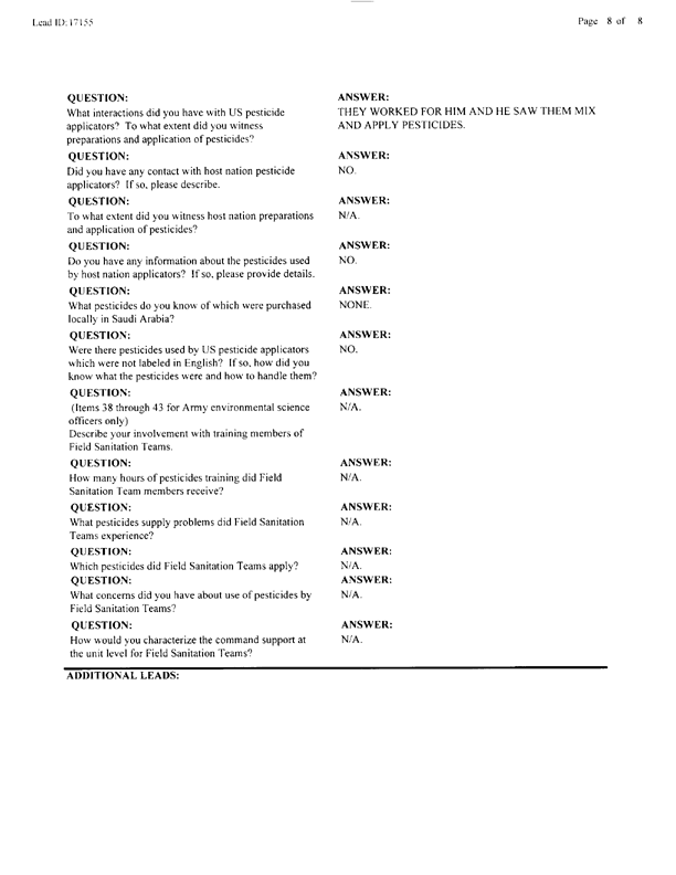 Lead Sheet #17155, Interview with 2nd Medical Battalion environmental health officer, January 6, 1998.