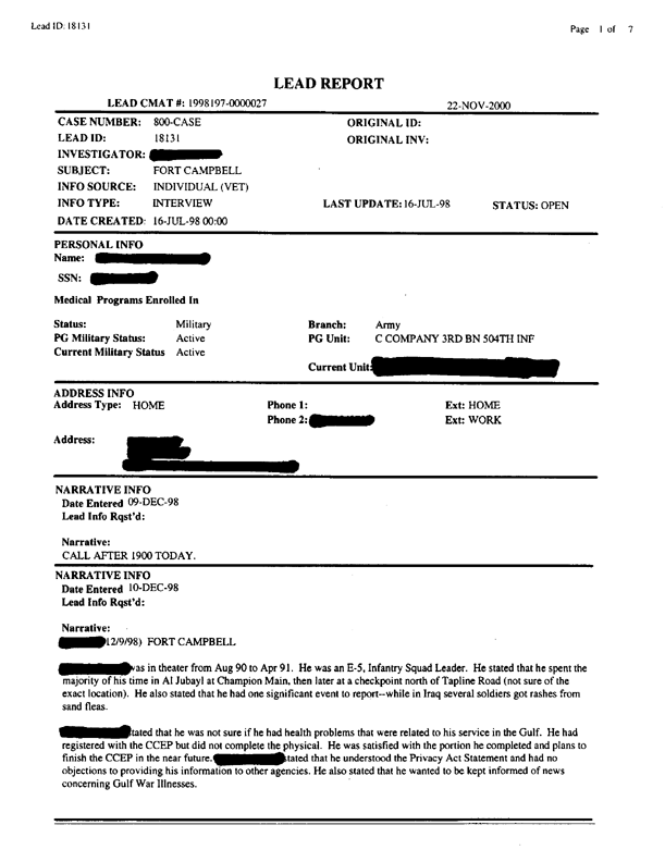   Lead Sheet #18131, Interview with 3rd Battalion, 504th Infantry squad leader, December 9, 1998.