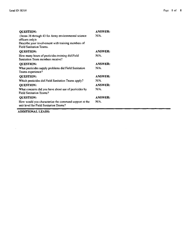   Lead Sheet #18318, Interview with 1st Marine Division entomologist, September 11, 1998.