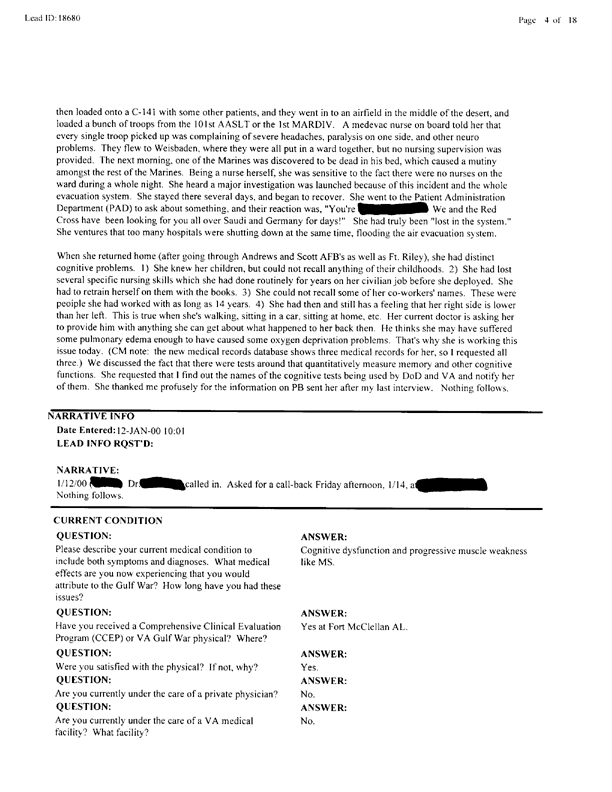 Lead Sheet 18680, Interview with Army member, January 12, 2000.