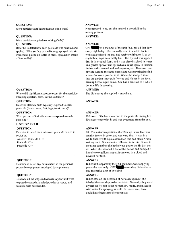 Lead Sheet 18680, Interview with Army member, January 12, 2000.