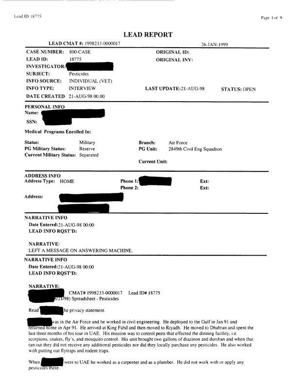   Lead Sheet #18775, Interview with 2849th Civil Engineering Squadron Minhad Air Base, United Arab Emirates pest controller, August 25, 1998.