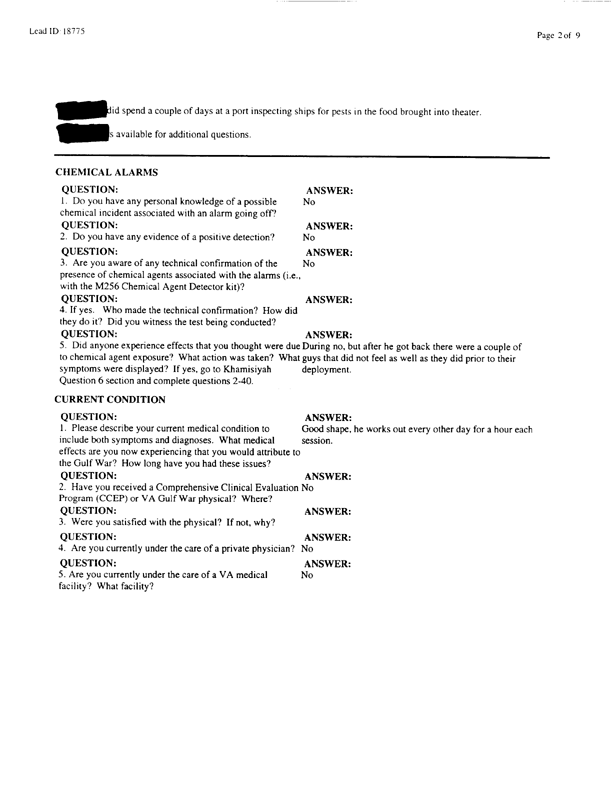   Lead Sheet #18775, Interview with 2849th Civil Engineering Squadron Minhad Air Base, United Arab Emirates pest controller, August 25, 1998.