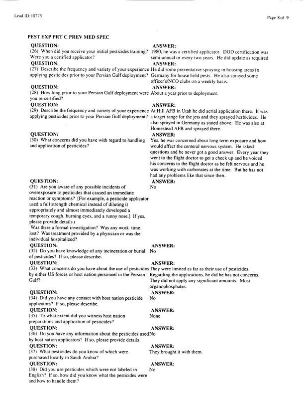   Lead Sheet #18775, Interview with 2849th Civil Engineering Squadron Minhad Air Base, United Arab Emirates pest controller, August 25, 1998.