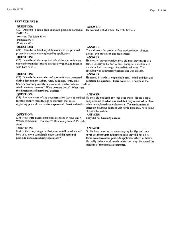 Lead Sheet #18779, Interview with 4th Civil Engineering Squadron AL Kharj APT pest controller, August 21, 1998.