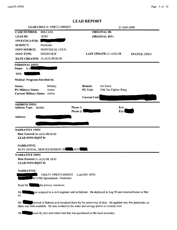   Lead Sheet #18781, Interview with 35th Tactical Fighter Wing pest controller, August 31, 1998.
