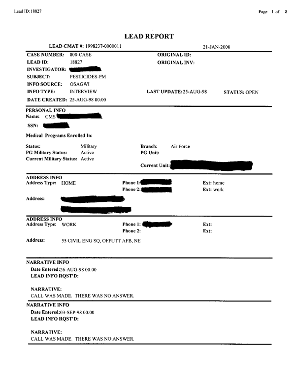   Lead Sheet #18827, Interview with 834th Civil Engineering Squadron King Fahd International Airport pest controller, September 3, 1998.