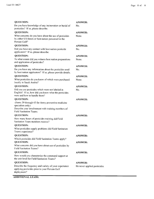   Lead Sheet #18827, Interview with 834th Civil Engineering Squadron King Fahd International Airport pest controller, September 3, 1998.