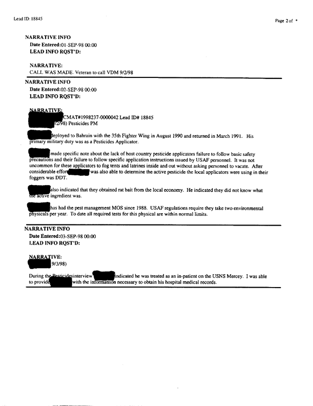 Lead Sheet #18845, Interview with Air Force pest controller, September 2, 1998.