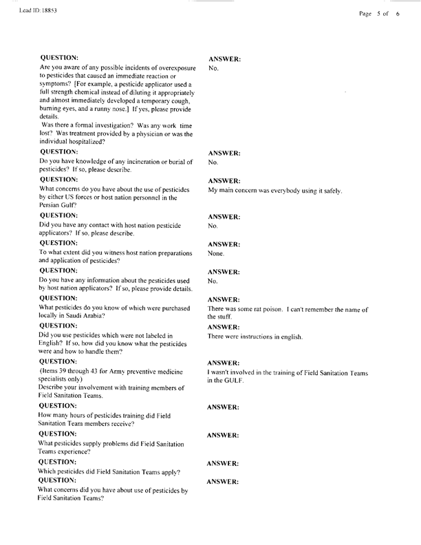  Lead Sheet #18853, Interview with 823rd Civil Engineering Squadron Riyadh International Airport pest controller, August 25, 1998.