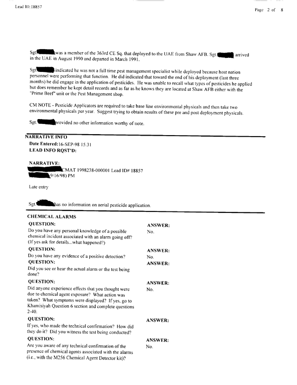 Lead Sheet #18857, Interview with 363rd Civil Engineering Squadron Al Dhafra, United Arab Emirates pest controller, August 28, 1998; 