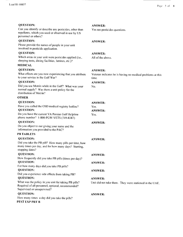  Lead Sheet #18857, Interview with 363rd Civil Engineering Squadron Al Dhafra, United Arab Emirates pest controller, August 28, 1998.
