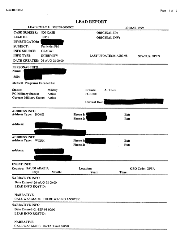 Lead Sheet #18858, Interview with an Air Force pest controller, September 11, 1998; 
