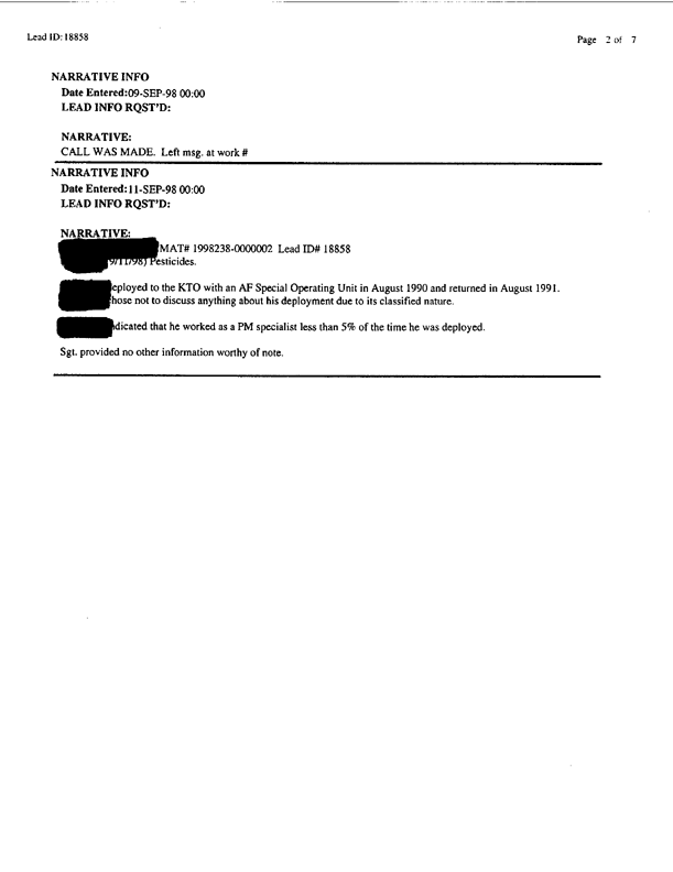 Lead Sheet #18858, Interview with an Air Force pest controller, September 11, 1998; 