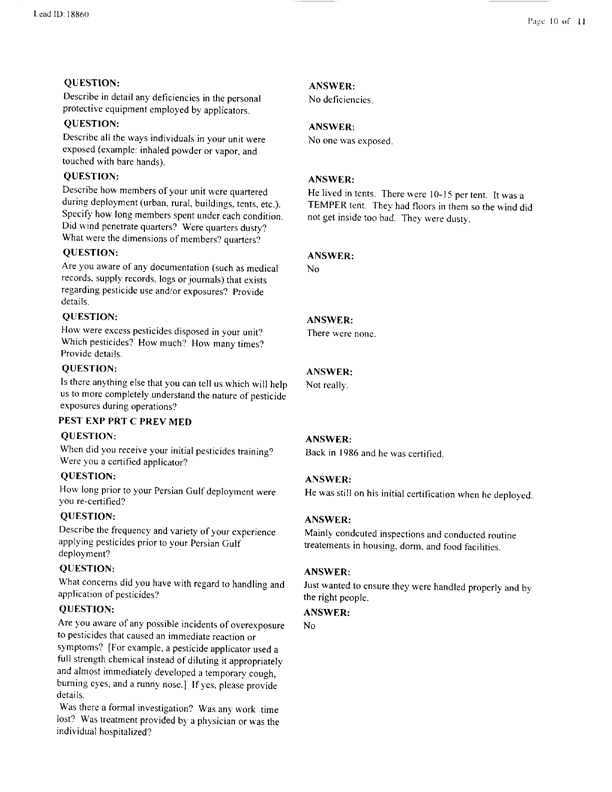   Lead Sheet #18860, Interview with 52nd Civil Engineering Squadron Doha INTL, QA pest controller, October 6, 1998.