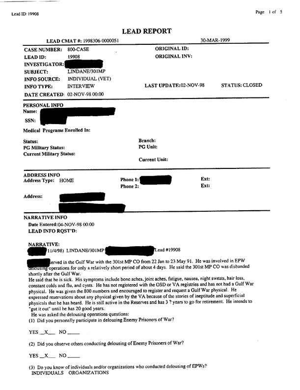   Lead Sheet #19908, Interview with 301st Military Police Camp veteran, November 4, 1998.