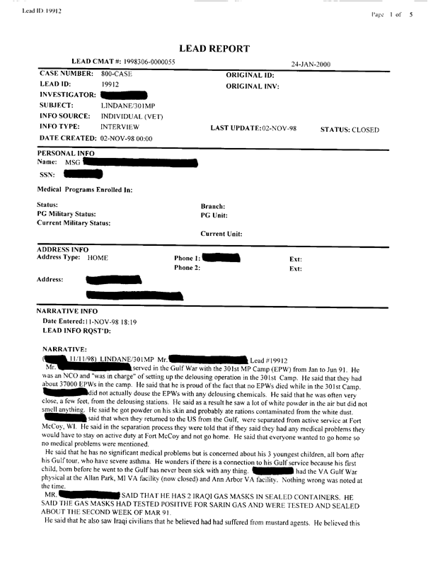   Lead Sheet #19912, Interview with 301st Military Police Camp veteran, November 11, 1998.