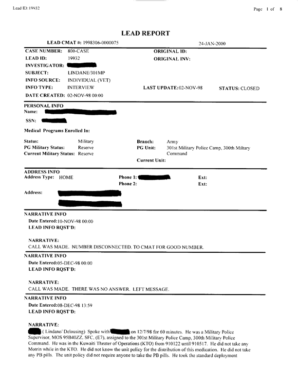   Lead Sheet #19932, Interview with 301st Military Police Camp veteran, December 7, 1998.