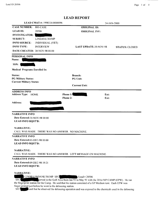   Lead Sheet #20506, Interview with 301st Military Police Camp veteran, December 9, 1998.