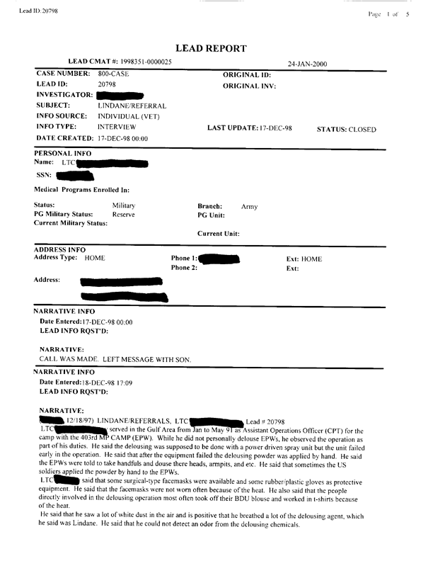Lead Sheet #20798, Interview with 403rd Military Police Camp veteran, December 18, 1997.