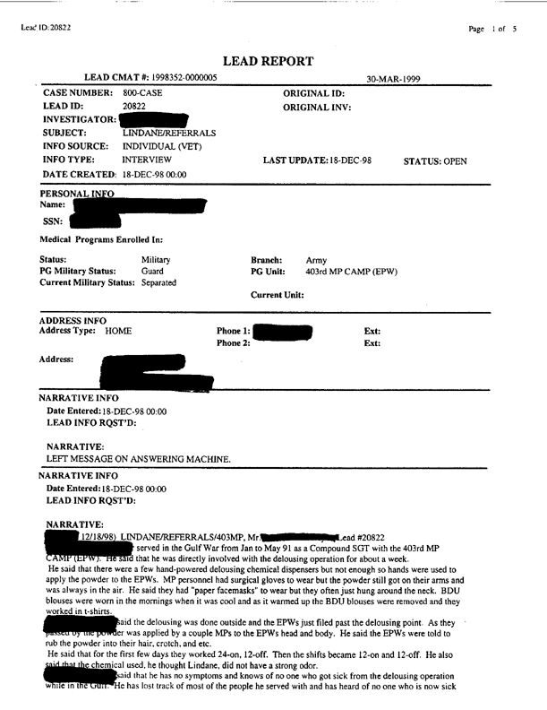   Lead Sheet #20822, Interview with 403rd Military Police Camp veteran, December 18, 1998.