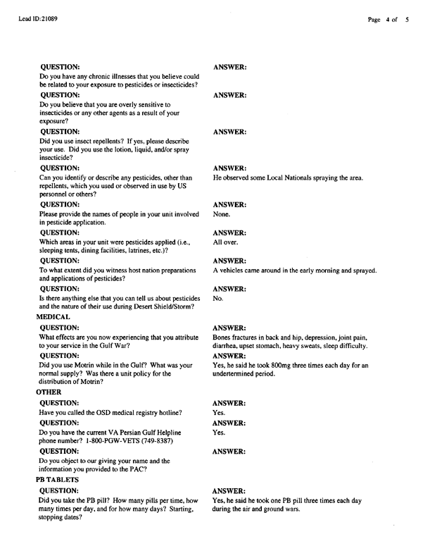   Lead Sheet #21089, Interview with 2nd Marine Division preventive medicine specialist, January 14, 1999.