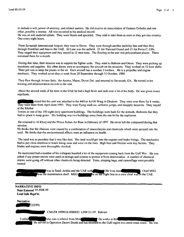   Lead Sheet #21119, Interview with 165th Airlift Wing turbo propulsion technician, February 2, 1999.