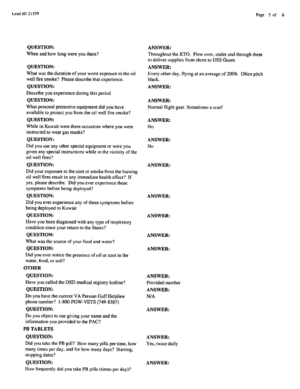   Lead Sheet #21359, Interview with HMM-365, 4th MEB helicopter pilot, February 9, 1999