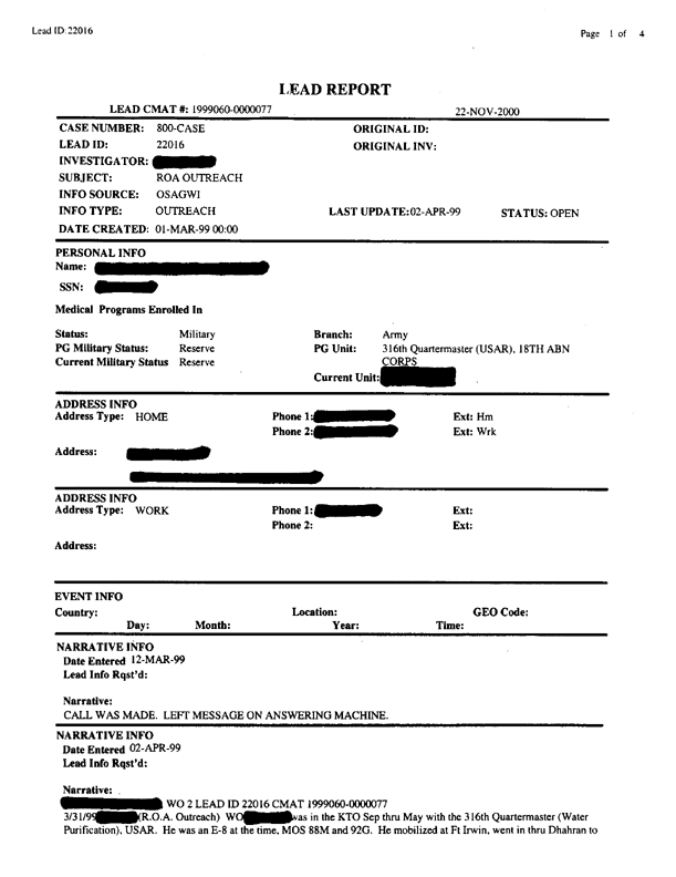   Lead Sheet #22016, Interview with 316th Quartermaster Detachment truck driver, March 31, 1999.