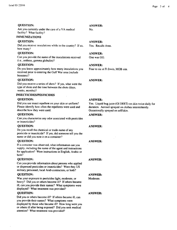   Lead Sheet #22016, Interview with 316th Quartermaster Detachment truck driver, March 31, 1999.