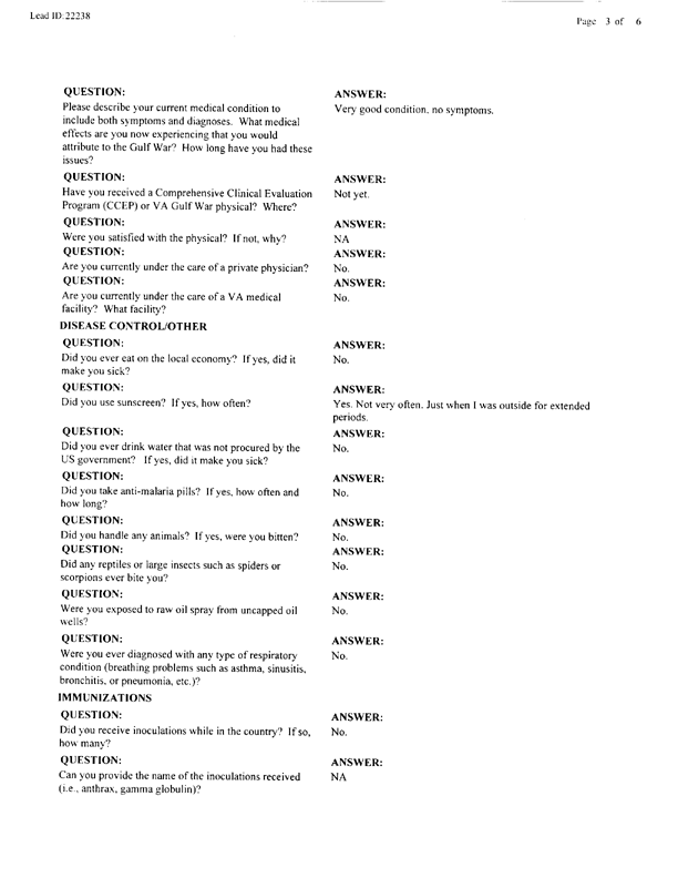 Lead Sheet #22238, Interview with preventive medicine specialist, March 1, 1998.