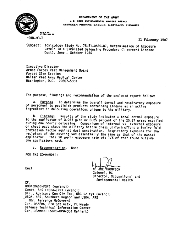 US Army Environmental Hygiene Agency research paper, �Determination of Exposure Levels in a Simulated Delousing Procedure,� Study # 75-51-0580-86, October 15, 1986, p. 1-2.