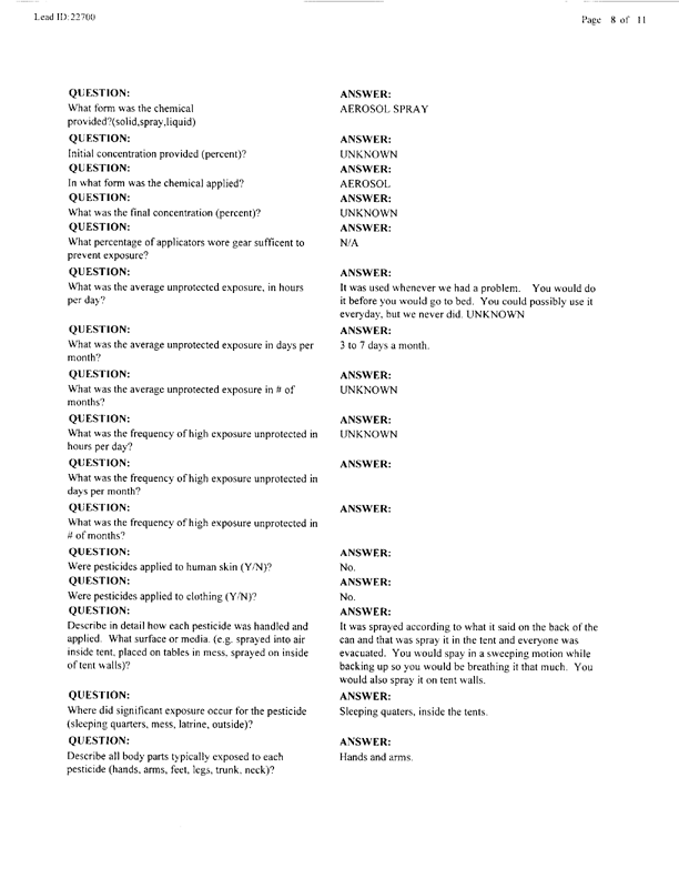   Lead Sheet #22700, Interview with 61st Medical Detachment preventive medicine specialist, April 22, 1998.