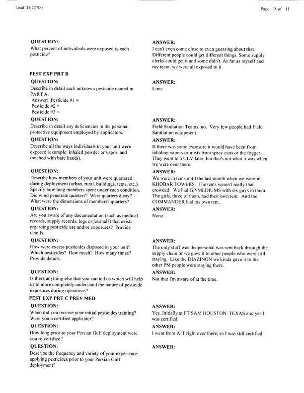   Lead Sheet #22700, Interview with 61st Medical Detachment preventive medicine specialist, April 22, 1998.