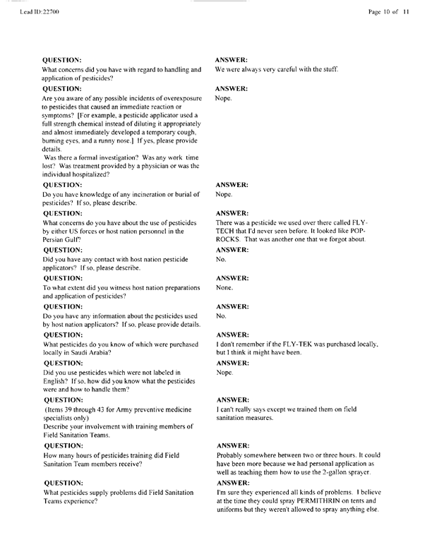   Lead Sheet #22700, Interview with 61st Medical Detachment preventive medicine specialist, April 22, 1998.