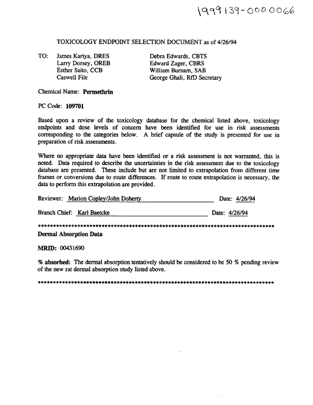 US Environmental Protection Agency, �Permethrin: Toxicology Endpoint Selection Document�, April 26, 1994, p. 2.