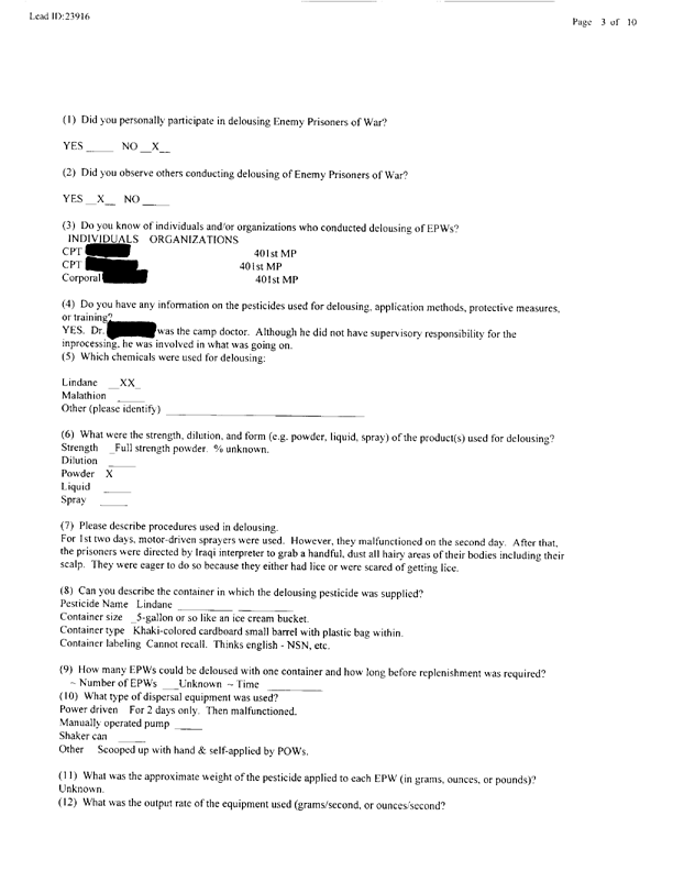   Lead Sheet #23916, Interview with 401st MP Camp medical officer, July 2, 1999.